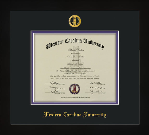 Image of Western Carolina University Diploma Frame - Flat Matte Black - w/Embossed Seal & Name - Black on Purple mats