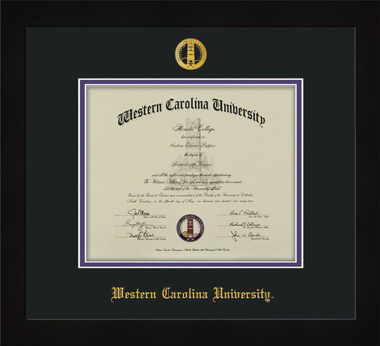 Image of Western Carolina University Diploma Frame - Flat Matte Black - w/Embossed Seal & Name - Black on Purple mats