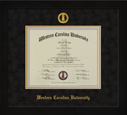 Image of Western Carolina University Diploma Frame - Flat Matte Black - w/Embossed Seal & Name - Black Suede on Gold mats