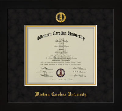 Image of Western Carolina University Diploma Frame - Flat Matte Black - w/Embossed Seal & Name - Black Suede on Gold mats