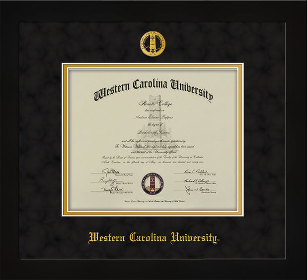 Image of Western Carolina University Diploma Frame - Flat Matte Black - w/Embossed Seal & Name - Black Suede on Gold mats