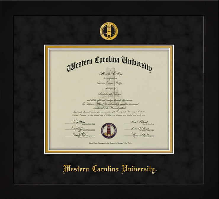 Image of Western Carolina University Diploma Frame - Flat Matte Black - w/Embossed Seal & Name - Black Suede on Gold mats