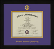 Image of Western Carolina University Diploma Frame - Flat Matte Black - w/Embossed Seal & Name - Purple on Gold mats