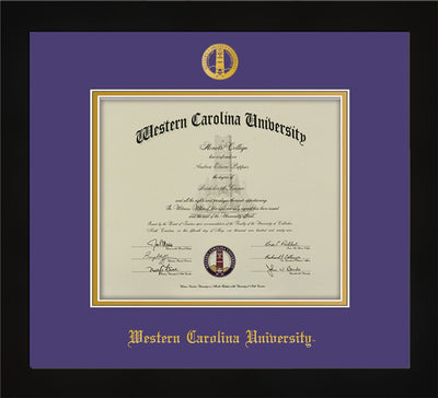 Image of Western Carolina University Diploma Frame - Flat Matte Black - w/Embossed Seal & Name - Purple on Gold mats