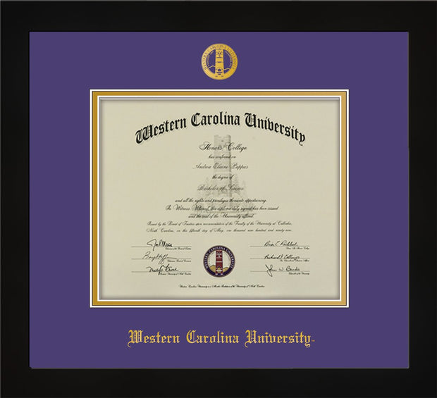 Image of Western Carolina University Diploma Frame - Flat Matte Black - w/Embossed Seal & Name - Purple on Gold mats