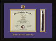 Image of Western Carolina University Diploma Frame - Flat Matte Black - w/Embossed Seal & Name - Tassel Holder - Purple on Gold mats
