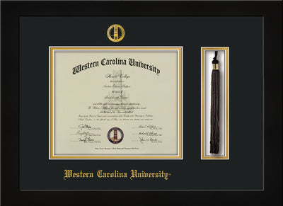 Image of Western Carolina University Diploma Frame - Flat Matte Black - w/Embossed Seal & Name - Tassel Holder - Black on Gold mats