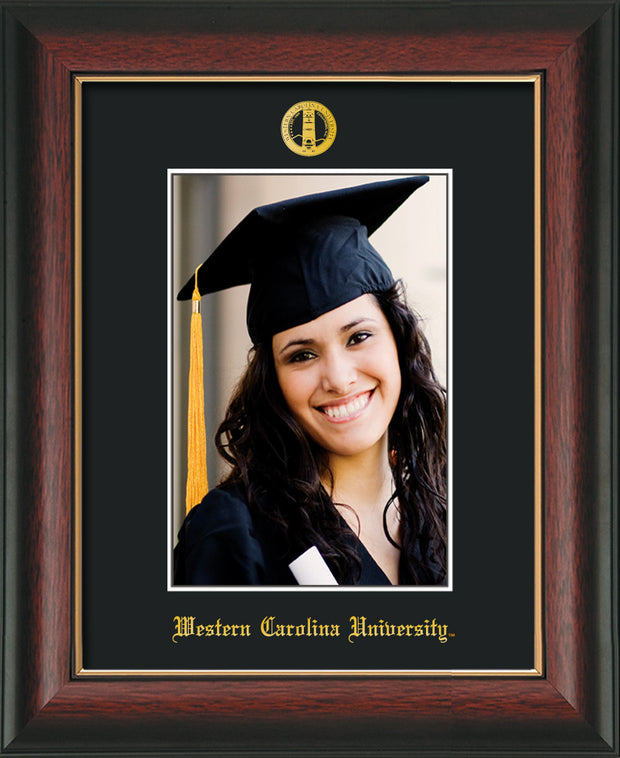 Image of Western Carolina University 5 x 7 Photo Frame - Rosewood w/Gold Lip - w/Official Embossing of WCU Seal & Name - Single Black mat