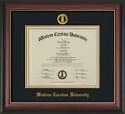 Image of Western Carolina University Diploma Frame - Rosewood w/Gold Lip - w/Embossed Seal & Name - Black on Gold mats