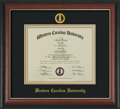Image of Western Carolina University Diploma Frame - Rosewood w/Gold Lip - w/Embossed Seal & Name - Black on Gold mats