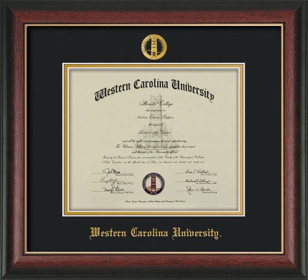 Image of Western Carolina University Diploma Frame - Rosewood w/Gold Lip - w/Embossed Seal & Name - Black on Gold mats