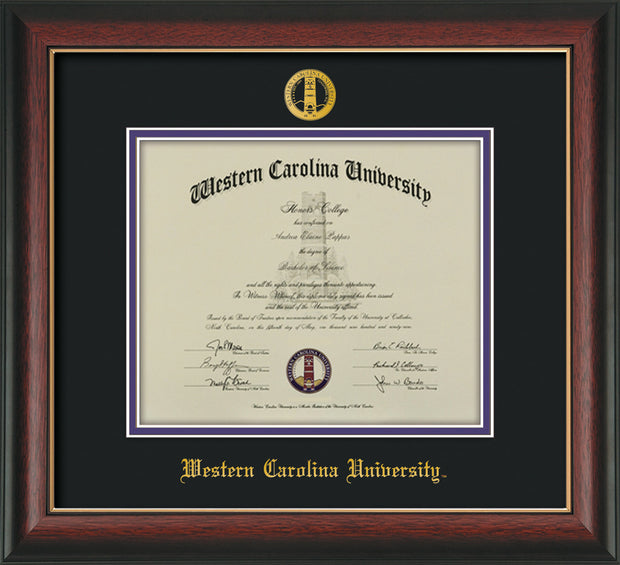 Image of Western Carolina University Diploma Frame - Rosewood w/Gold Lip - w/Embossed Seal & Name - Black on Purple mats