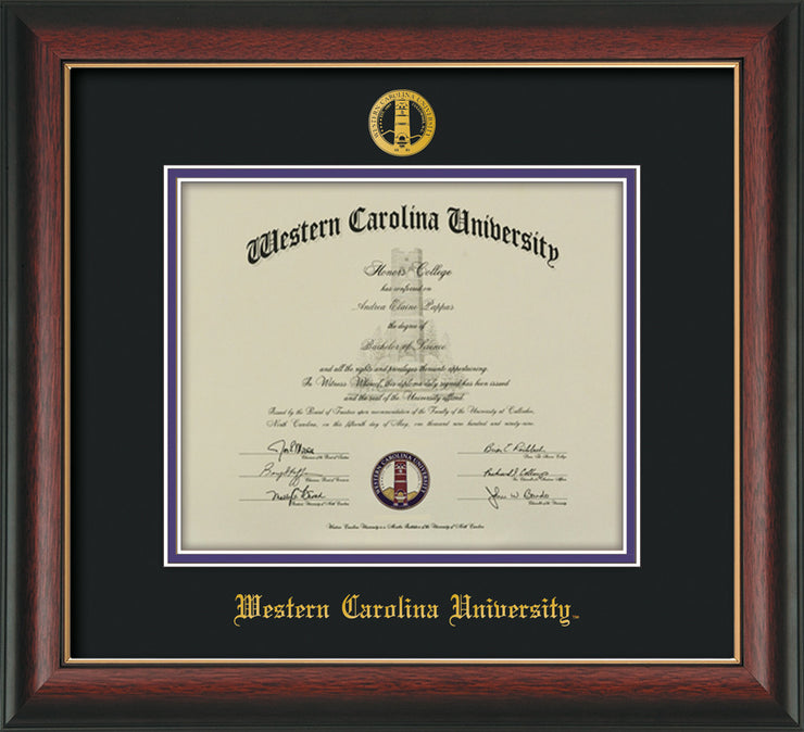 Image of Western Carolina University Diploma Frame - Rosewood w/Gold Lip - w/Embossed Seal & Name - Black on Purple mats