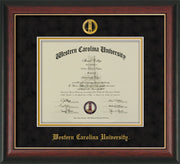 Image of Western Carolina University Diploma Frame - Rosewood w/Gold Lip - w/Embossed Seal & Name - Black Suede on Gold mats