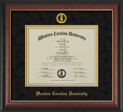 Image of Western Carolina University Diploma Frame - Rosewood w/Gold Lip - w/Embossed Seal & Name - Black Suede on Gold mats