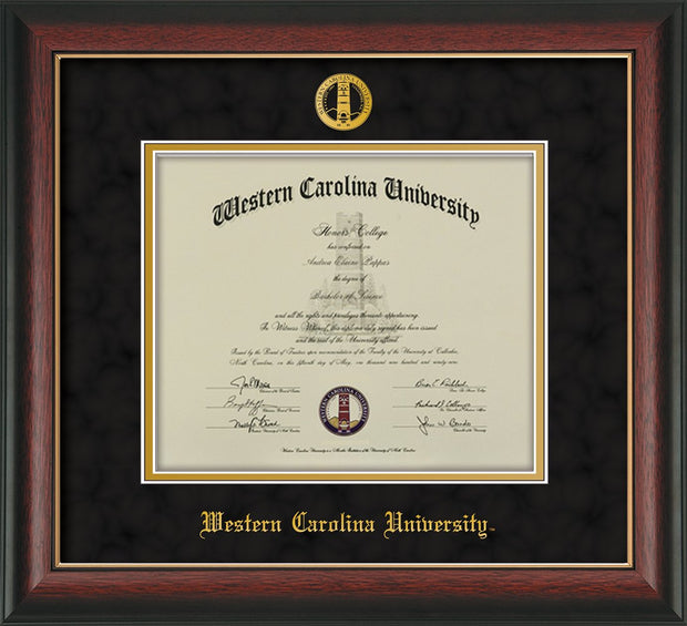 Image of Western Carolina University Diploma Frame - Rosewood w/Gold Lip - w/Embossed Seal & Name - Black Suede on Gold mats