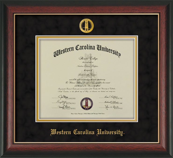 Image of Western Carolina University Diploma Frame - Rosewood w/Gold Lip - w/Embossed Seal & Name - Black Suede on Gold mats