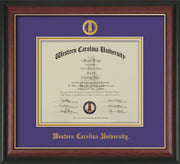 Image of Western Carolina University Diploma Frame - Rosewood w/Gold Lip - w/Embossed Seal & Name - Purple on Gold mats