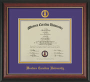 Image of Western Carolina University Diploma Frame - Rosewood w/Gold Lip - w/Embossed Seal & Name - Purple on Gold mats