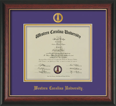 Image of Western Carolina University Diploma Frame - Rosewood w/Gold Lip - w/Embossed Seal & Name - Purple on Gold mats