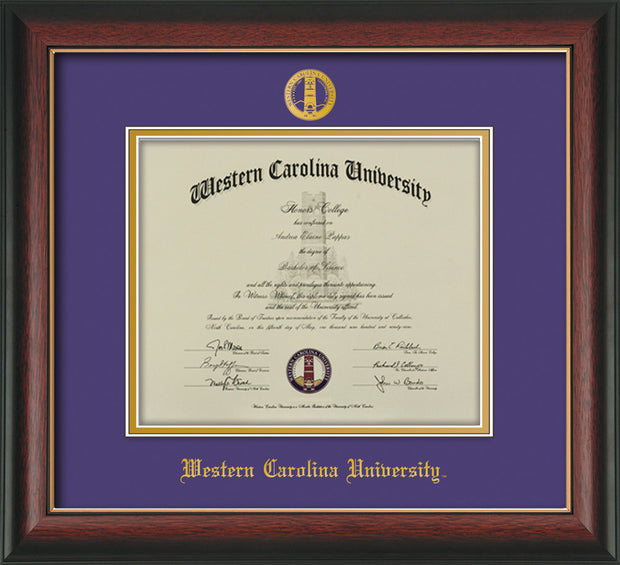 Image of Western Carolina University Diploma Frame - Rosewood w/Gold Lip - w/Embossed Seal & Name - Purple on Gold mats
