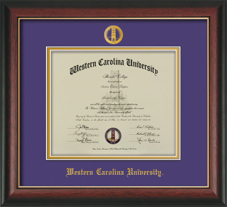 Image of Western Carolina University Diploma Frame - Rosewood w/Gold Lip - w/Embossed Seal & Name - Purple on Gold mats