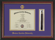 Image of Western Carolina University Diploma Frame - Rosewood w/Gold Lip - w/Embossed Seal & Name - Tassel Holder - Purple on Gold mats
