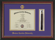 Image of Western Carolina University Diploma Frame - Rosewood w/Gold Lip - w/Embossed Seal & Name - Tassel Holder - Purple on Gold mats