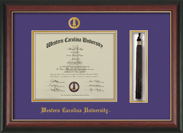 Image of Western Carolina University Diploma Frame - Rosewood w/Gold Lip - w/Embossed Seal & Name - Tassel Holder - Purple on Gold mats
