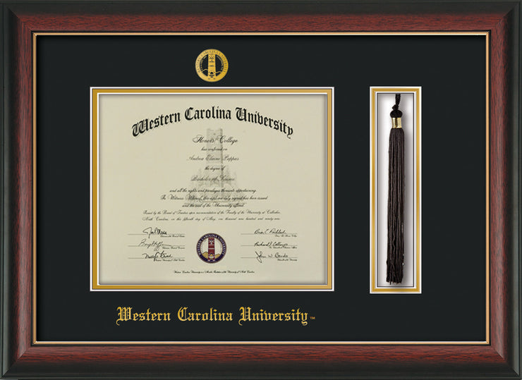 Image of Western Carolina University Diploma Frame - Rosewood w/Gold Lip - w/Embossed Seal & Name - Tassel Holder - Black on Gold mats