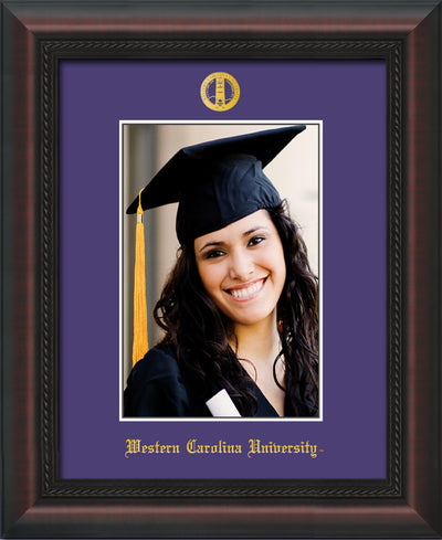 Image of Western Carolina University 5 x 7 Photo Frame - Mahogany Braid - w/Official Embossing of WCU Seal & Name - Single Purple mat