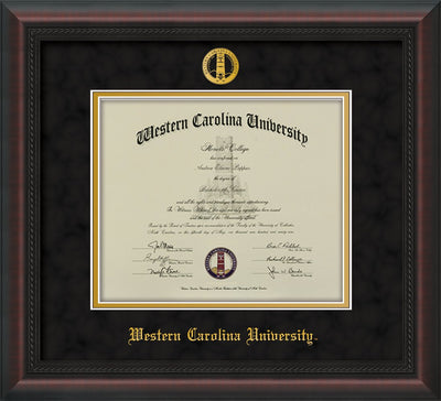 Image of Western Carolina University Diploma Frame - Mahogany Braid - w/Embossed Seal & Name - Black Suede on Gold mats