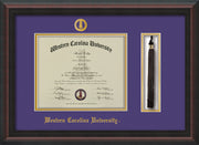 Image of Western Carolina University Diploma Frame - Mahogany Braid - w/Embossed Seal & Name - Tassel Holder - Purple on Gold mats