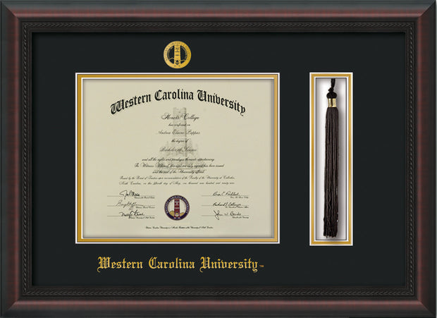 Image of Western Carolina University Diploma Frame - Mahogany Braid - w/Embossed Seal & Name - Tassel Holder - Black on Gold mats