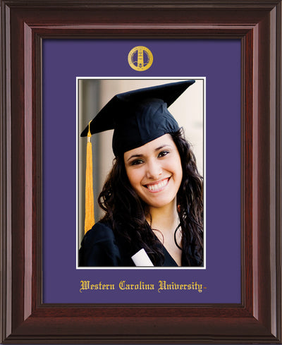 Image of Western Carolina University 5 x 7 Photo Frame - Mahogany Lacquer - w/Official Embossing of WCU Seal & Name - Single Purple mat