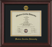 Image of Western Carolina University Diploma Frame - Mahogany Lacquer - w/Embossed Seal & Name - Black on Gold mats