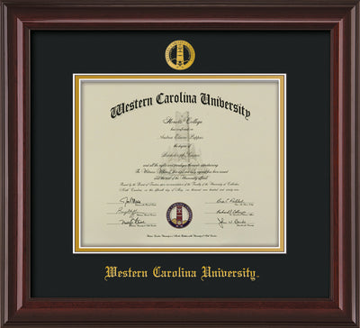 Image of Western Carolina University Diploma Frame - Mahogany Lacquer - w/Embossed Seal & Name - Black on Gold mats