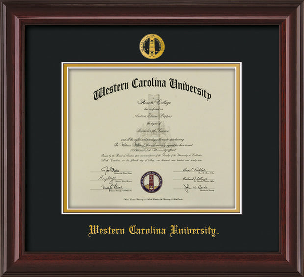 Image of Western Carolina University Diploma Frame - Mahogany Lacquer - w/Embossed Seal & Name - Black on Gold mats