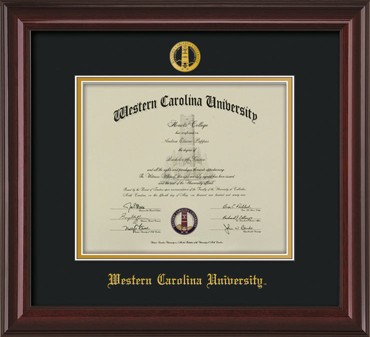 Image of Western Carolina University Diploma Frame - Mahogany Lacquer - w/Embossed Seal & Name - Black on Gold mats