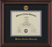 Image of Western Carolina University Diploma Frame - Mahogany Lacquer - w/Embossed Seal & Name - Black on Purple mats