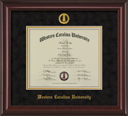 Image of Western Carolina University Diploma Frame - Mahogany Lacquer - w/Embossed Seal & Name - Black Suede on Gold mats