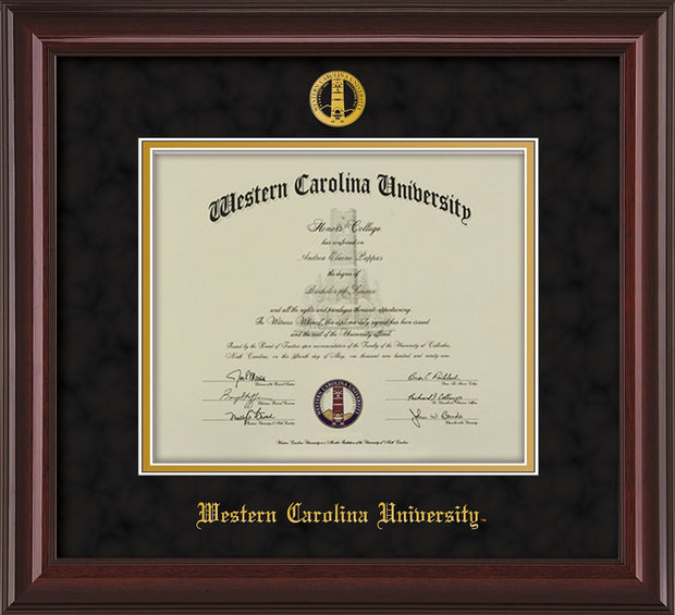 Image of Western Carolina University Diploma Frame - Mahogany Lacquer - w/Embossed Seal & Name - Black Suede on Gold mats