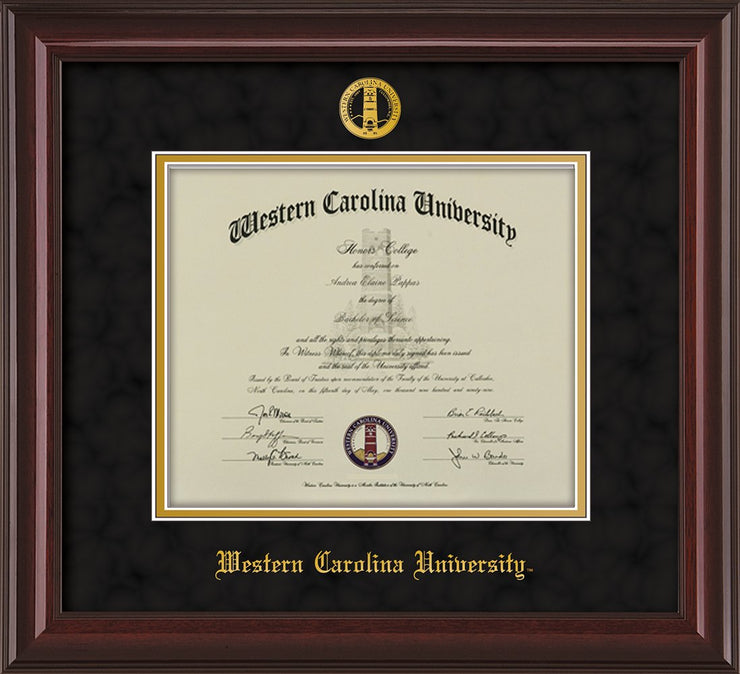 Image of Western Carolina University Diploma Frame - Mahogany Lacquer - w/Embossed Seal & Name - Black Suede on Gold mats