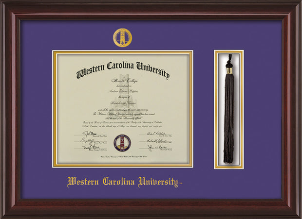 Image of Western Carolina University Diploma Frame - Mahogany Lacquer - w/Embossed Seal & Name - Tassel Holder - Purple on Gold mats