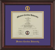 Image of Western Carolina University Diploma Frame - Mahogany Lacquer - w/Embossed Seal & Name - Purple on Gold mats