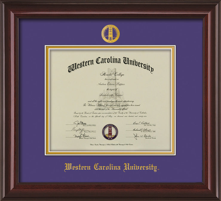Image of Western Carolina University Diploma Frame - Mahogany Lacquer - w/Embossed Seal & Name - Purple on Gold mats