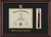 Image of Western Carolina University Diploma Frame - Mahogany Lacquer - w/Embossed Seal & Name - Tassel Holder - Black on Gold mats