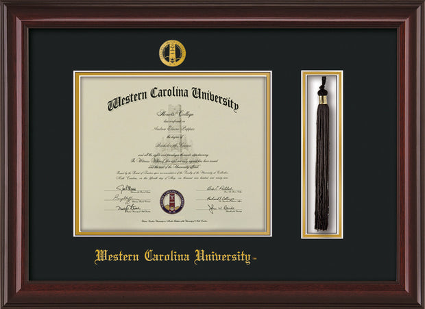 Image of Western Carolina University Diploma Frame - Mahogany Lacquer - w/Embossed Seal & Name - Tassel Holder - Black on Gold mats