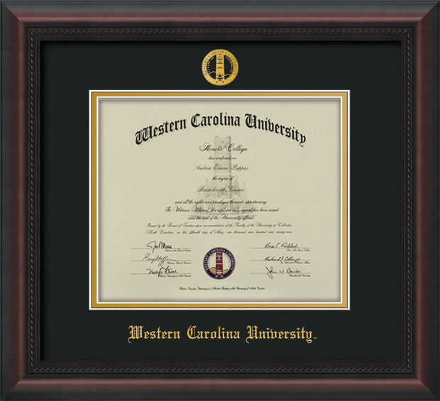 Image of Western Carolina University Diploma Frame - Mahogany Braid - w/Embossed Seal & Name - Black on Gold mats