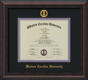 Image of Western Carolina University Diploma Frame - Mahogany Braid - w/Embossed Seal & Name - Black on Purple mats